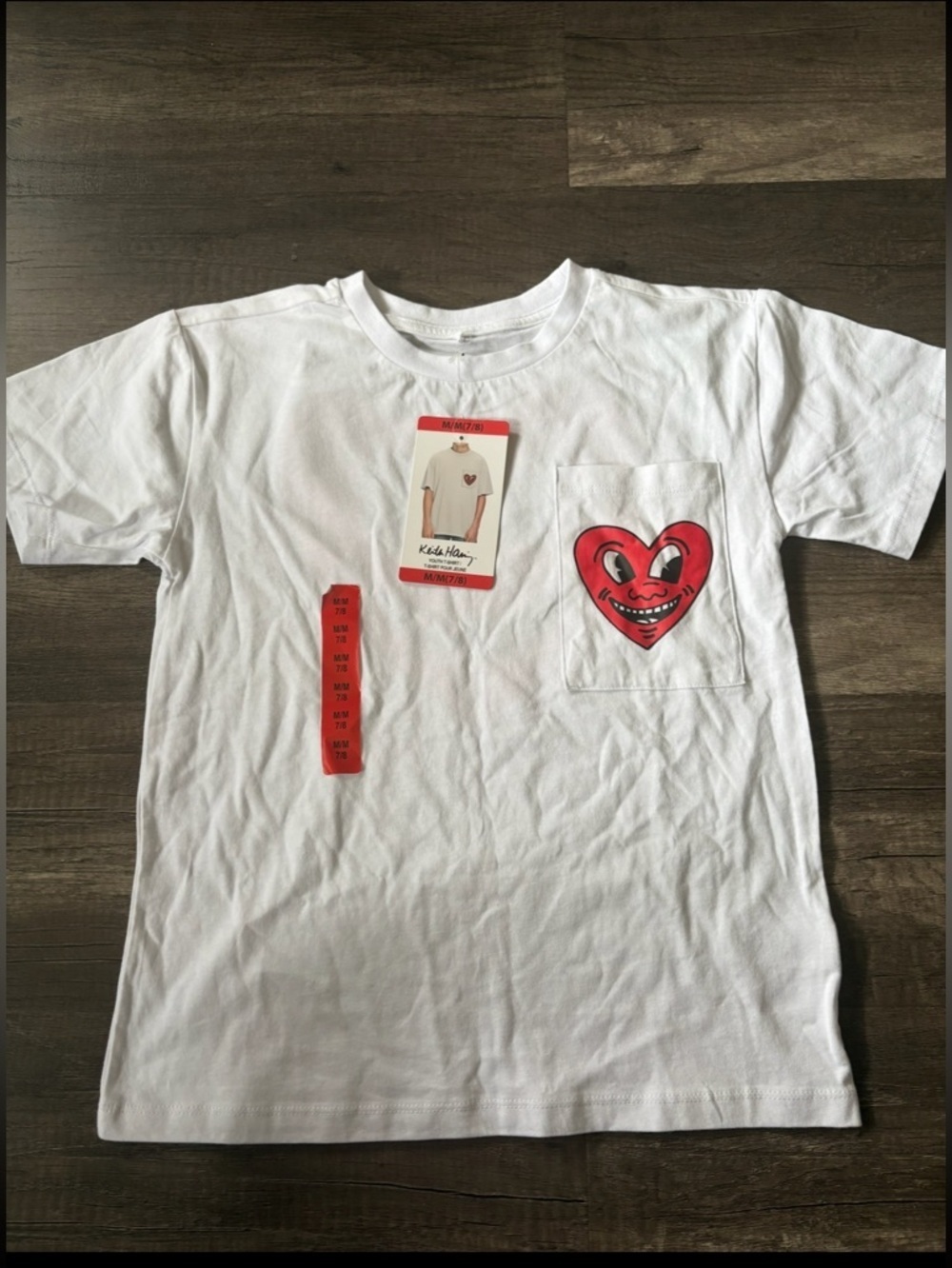 Keith Haring White Short-Sleeve Kids Tee with Red Heart Pocket Graphic